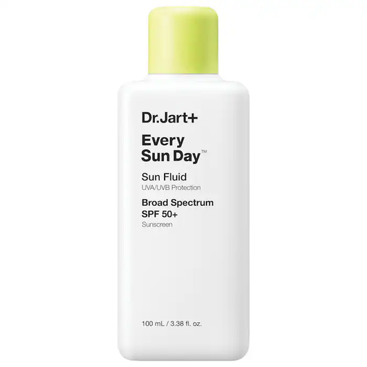 Dr. Jart+ Every Sun Day Sun Fluid SPF 50+ front bottle on a white background.
