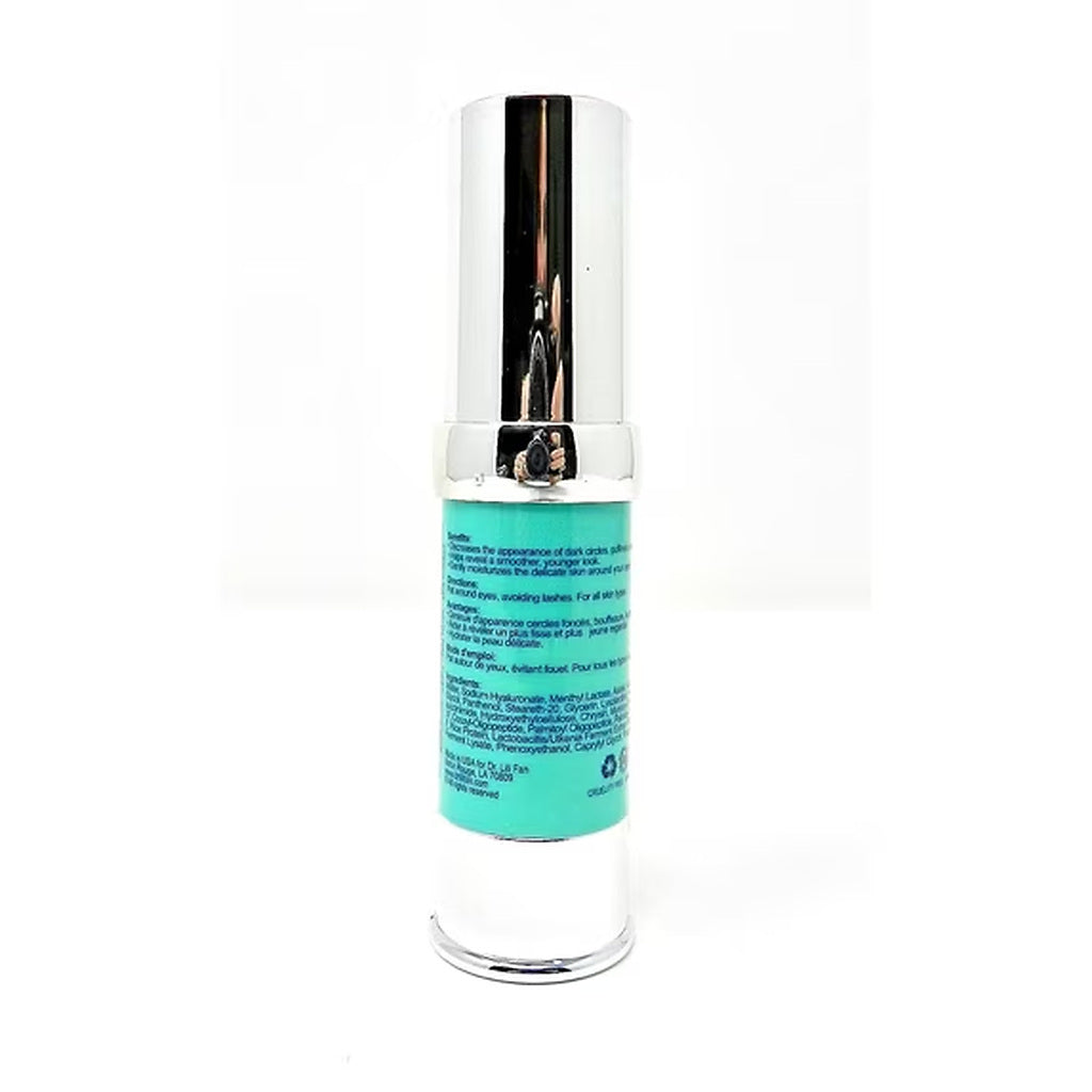 Back view of the Dr. Lili Fan Probiotic Age-Defying Eye Serum bottle showing the product label.