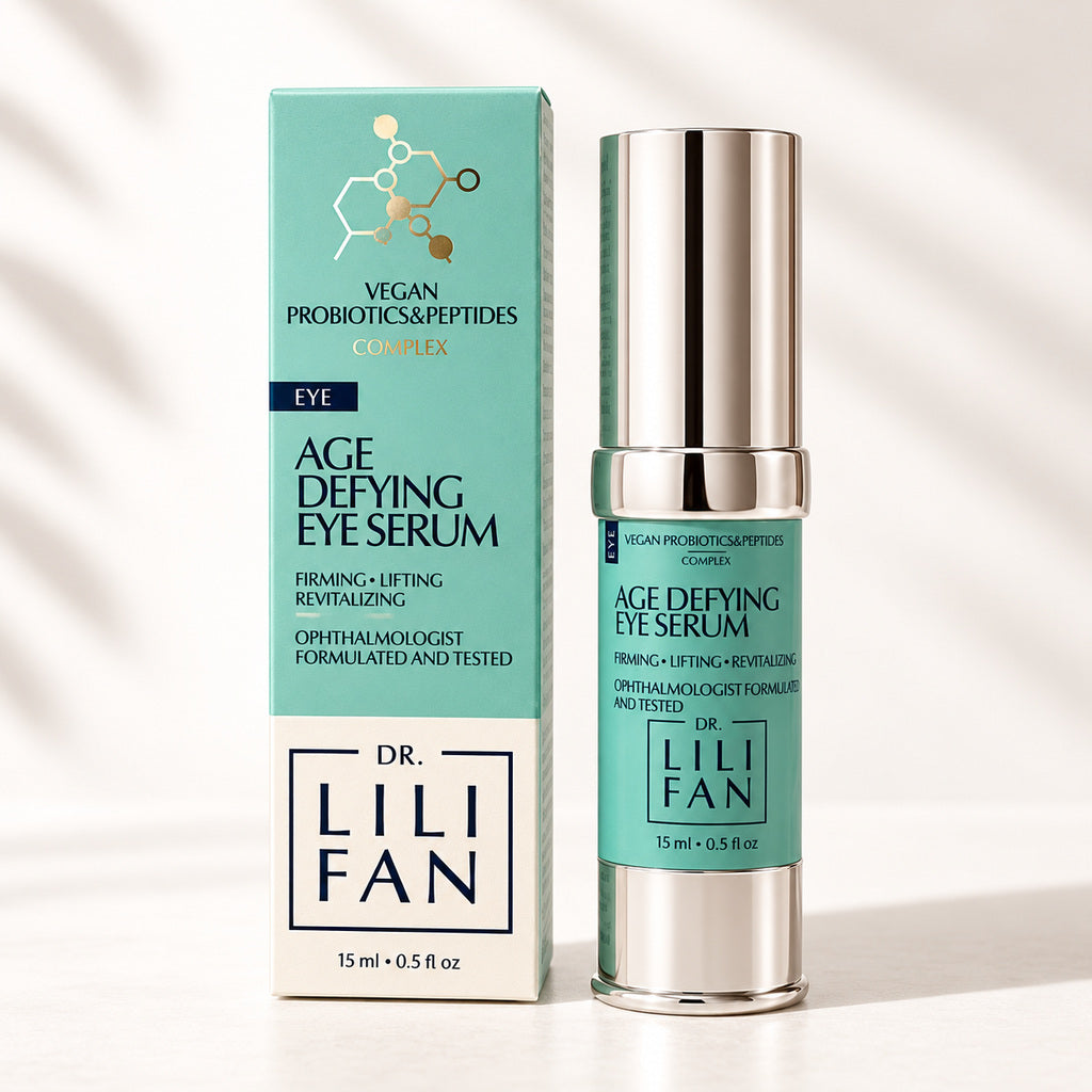 Dr. Lili Fan Probiotic Age-Defying Eye Serum bottle beside its teal retail box.