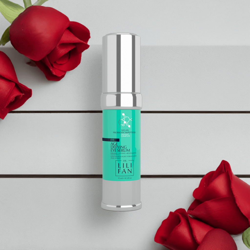 Dr. Lili Fan Probiotic Age-Defying Eye Serum with close-up texture and probiotic skincare imagery.