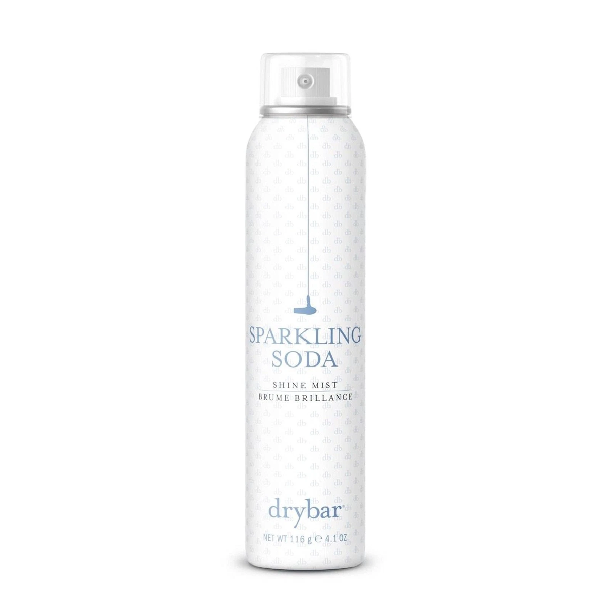 Drybar Sparkling Soda Shine Mist 4.1 oz white patterned aerosol can with pale blue lettering and clear cap