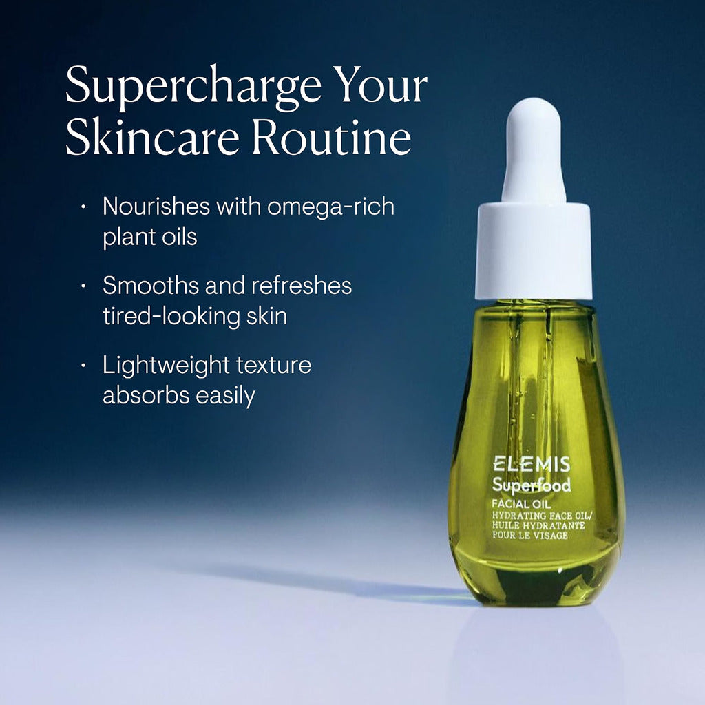 Brand graphic describing nourishment, smoothing and lightweight texture of Superfood Facial Oil
