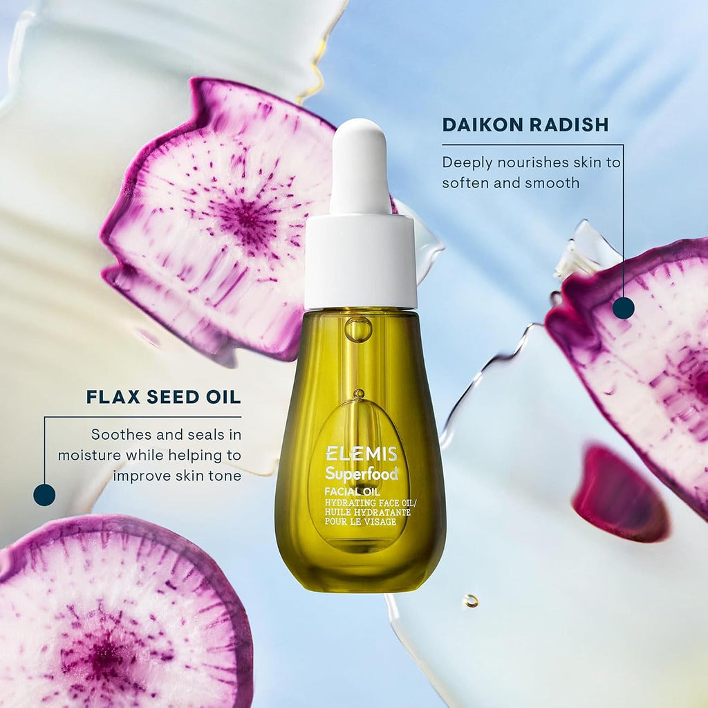ELEMIS ingredient graphic highlighting flax seed oil and daikon radish