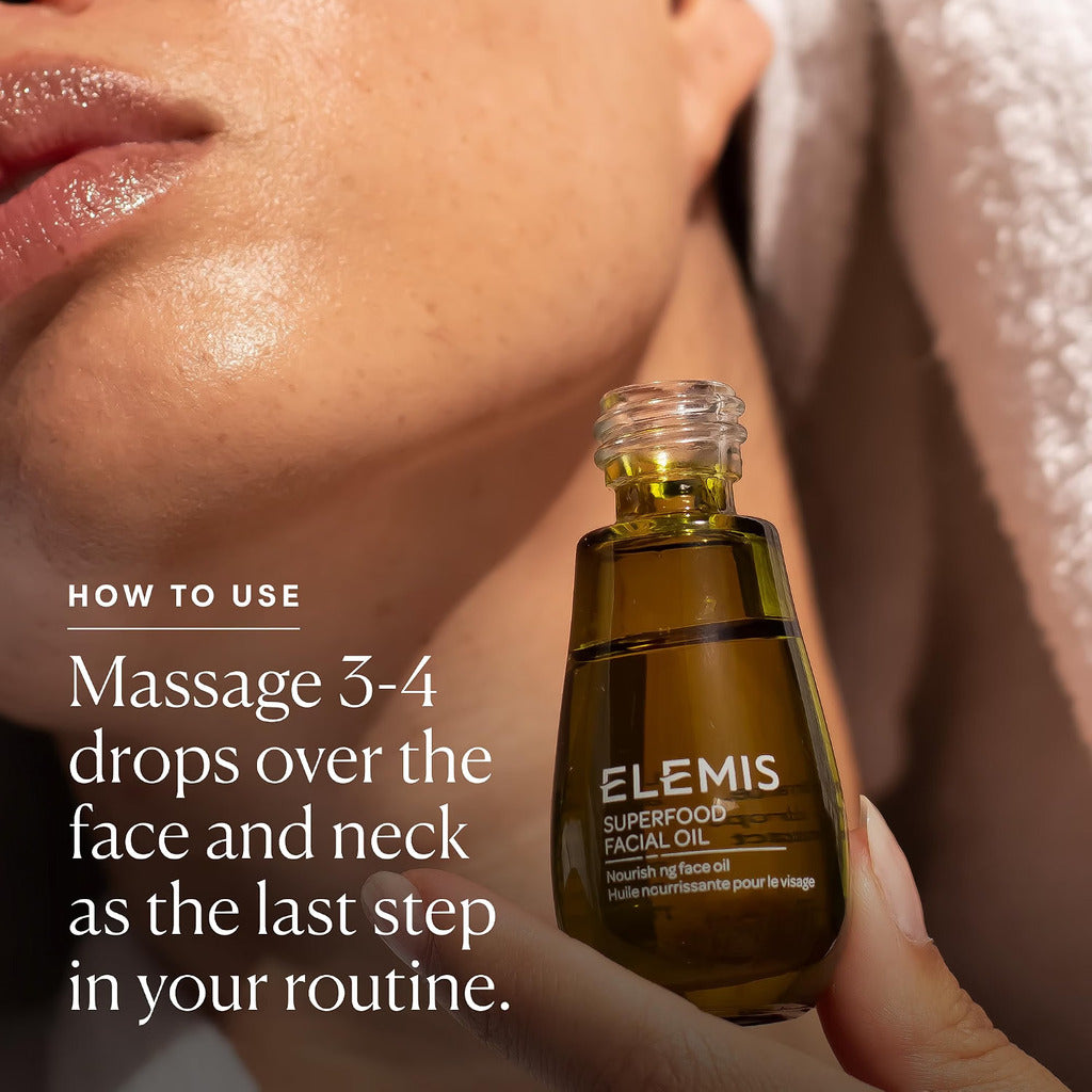 Brand application graphic showing three to four drops of Superfood Facial Oil
