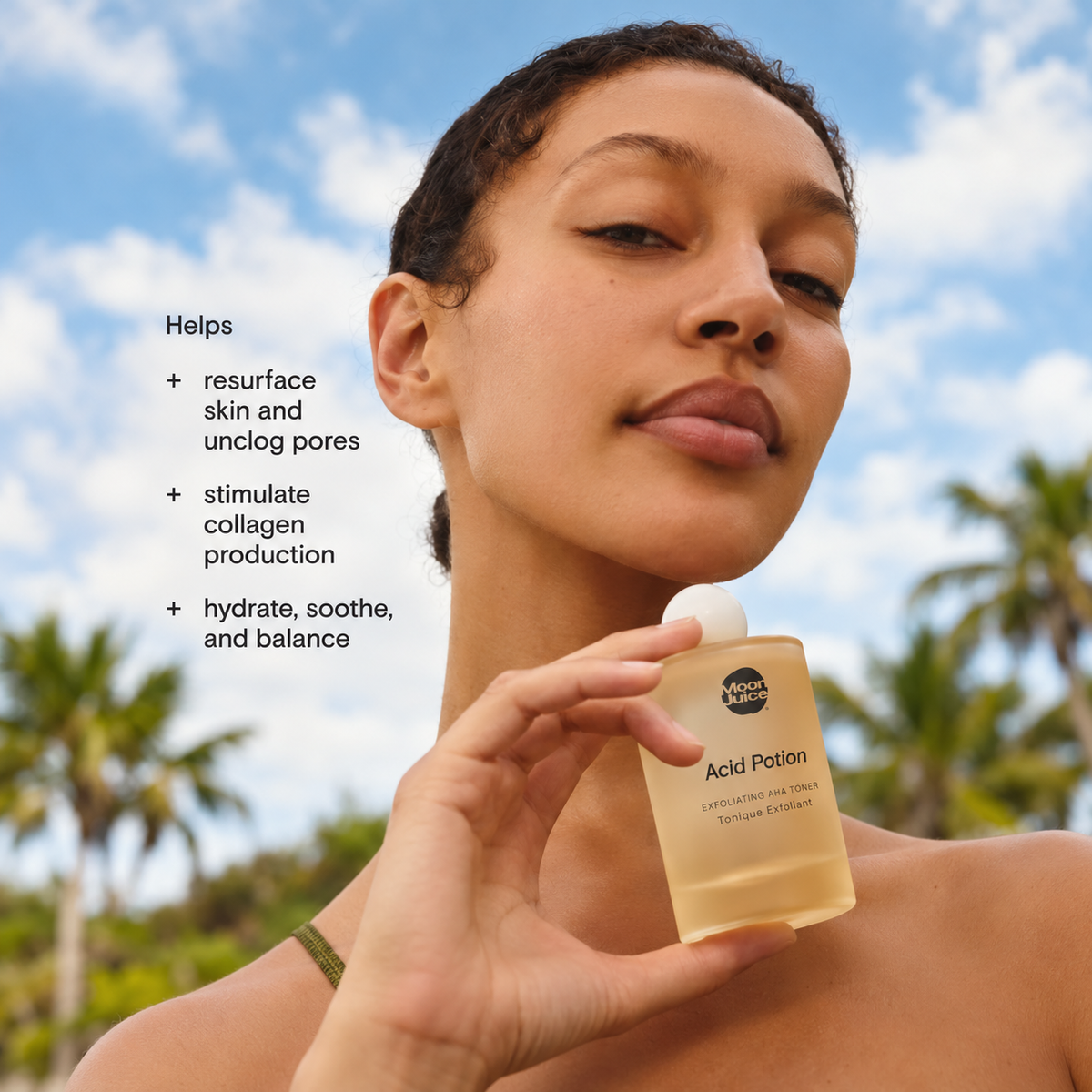 Acid Potion component brand image with a model holding the bottle and exfoliating benefit text
