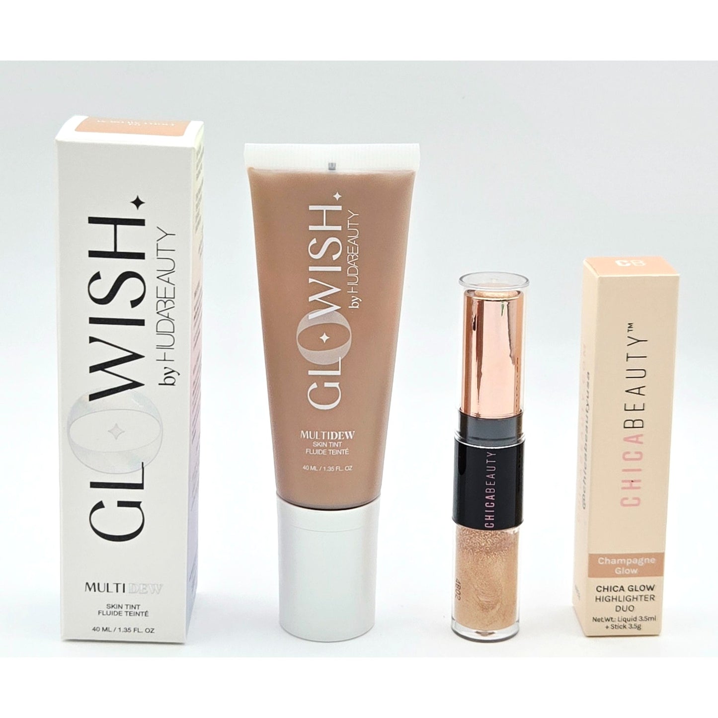HUDA BEAUTY Glowish Multidew Skin Tint 04 Med & ChicaBeauty Glow Highlighter Duo