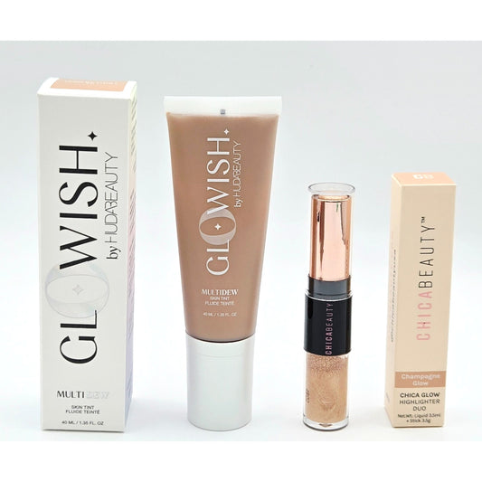 HUDA BEAUTY Glowish Multidew Skin Tint 04 Med & ChicaBeauty Glow Highlighter Duo