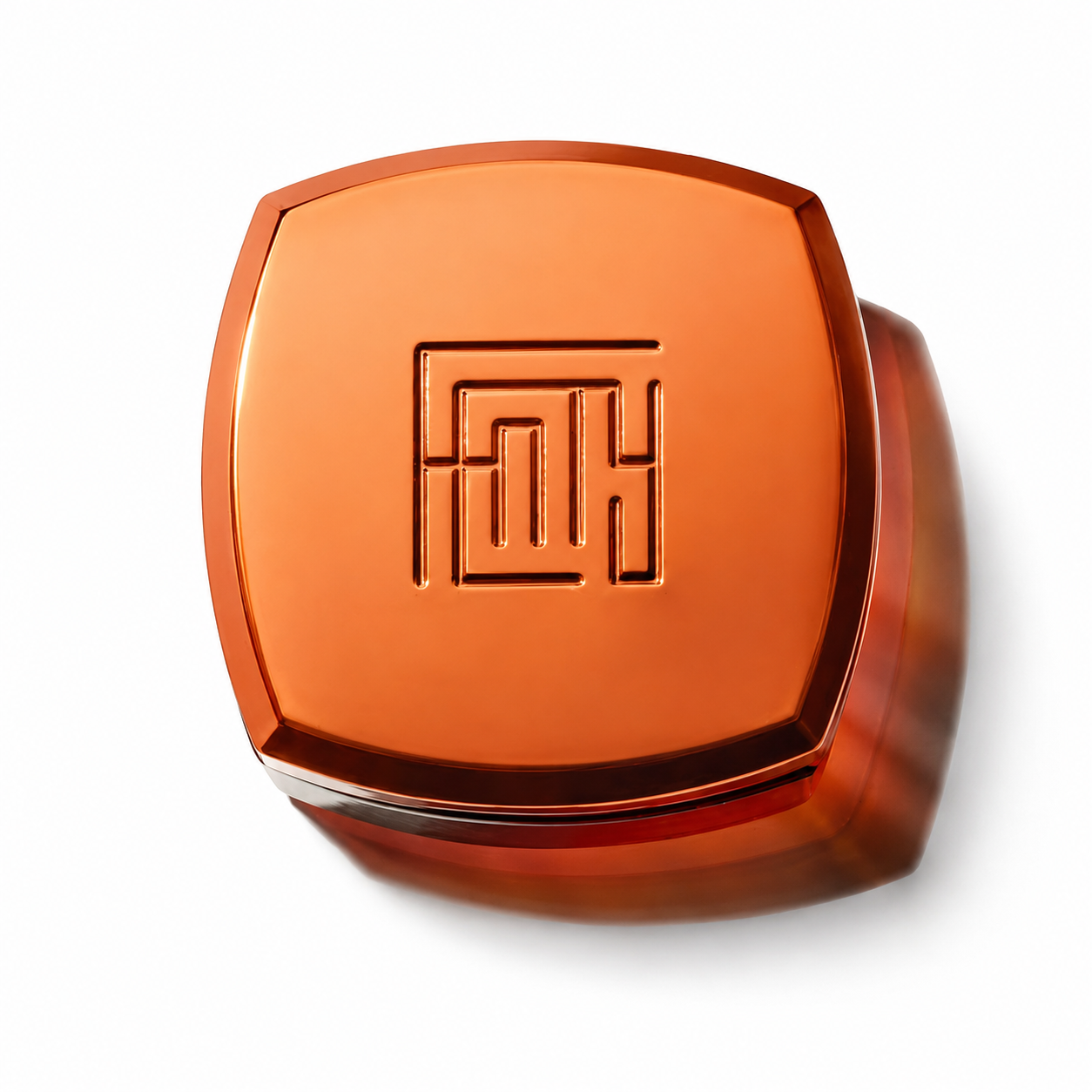 An amber-orange cosmetic compact with a glossy finish and a geometric embossed logo on the lid, shown on a clean white background.