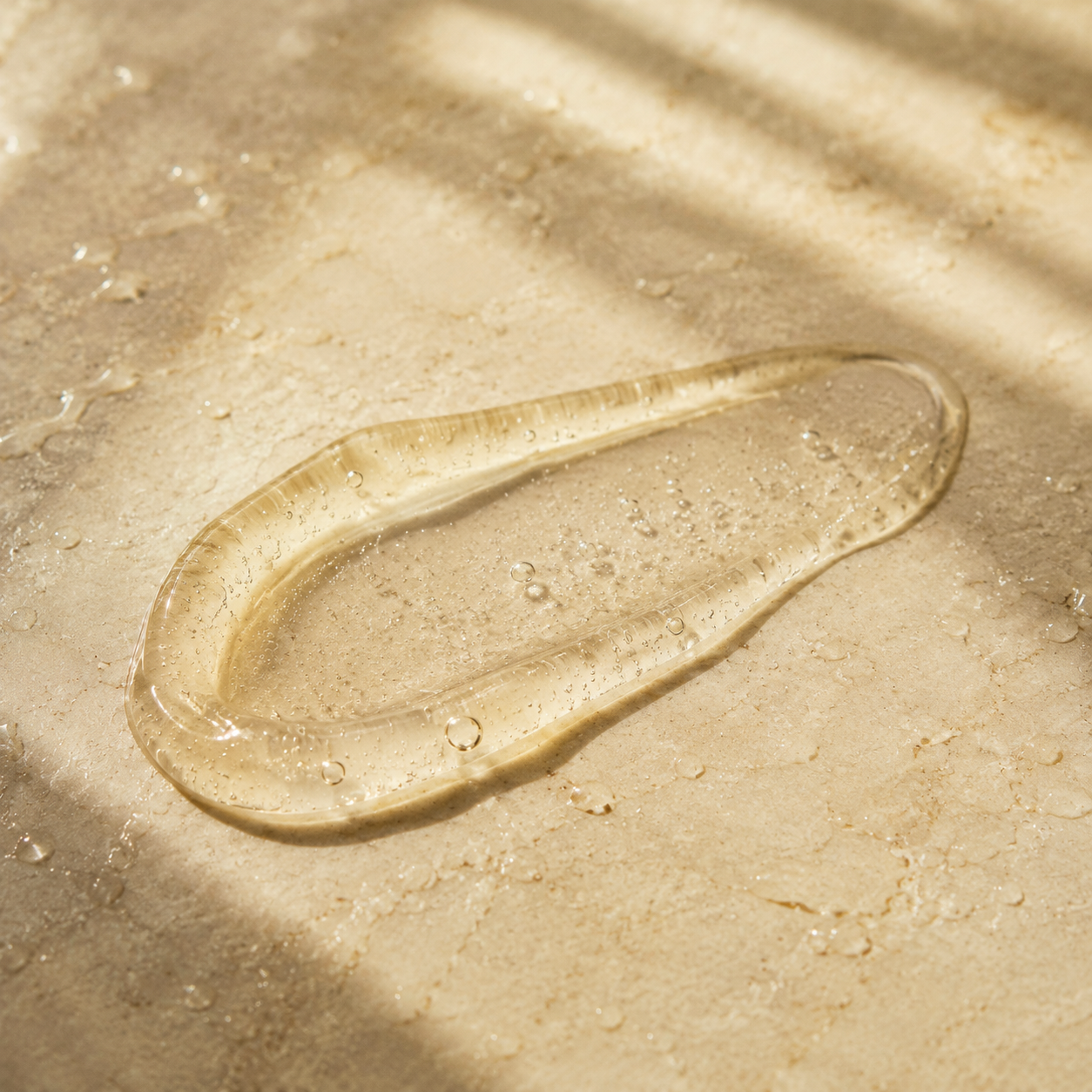 Translucent gel body cleanser texture on warm beige stone in soft sunlight