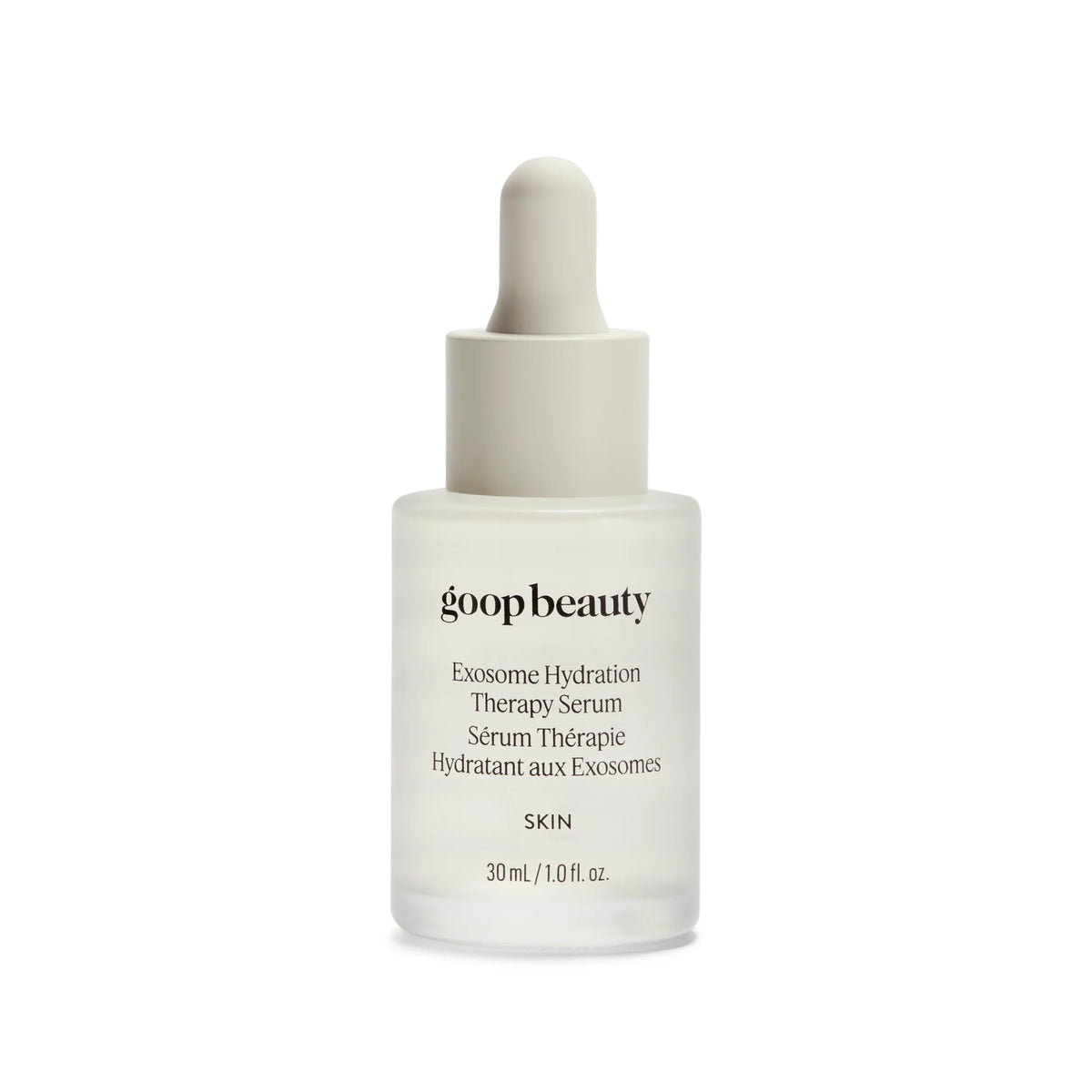 goop Beauty Exosome Hydration Therapy Serum 30 mL / 1 fl oz in a frosted glass bottle with a white dropper cap on white.