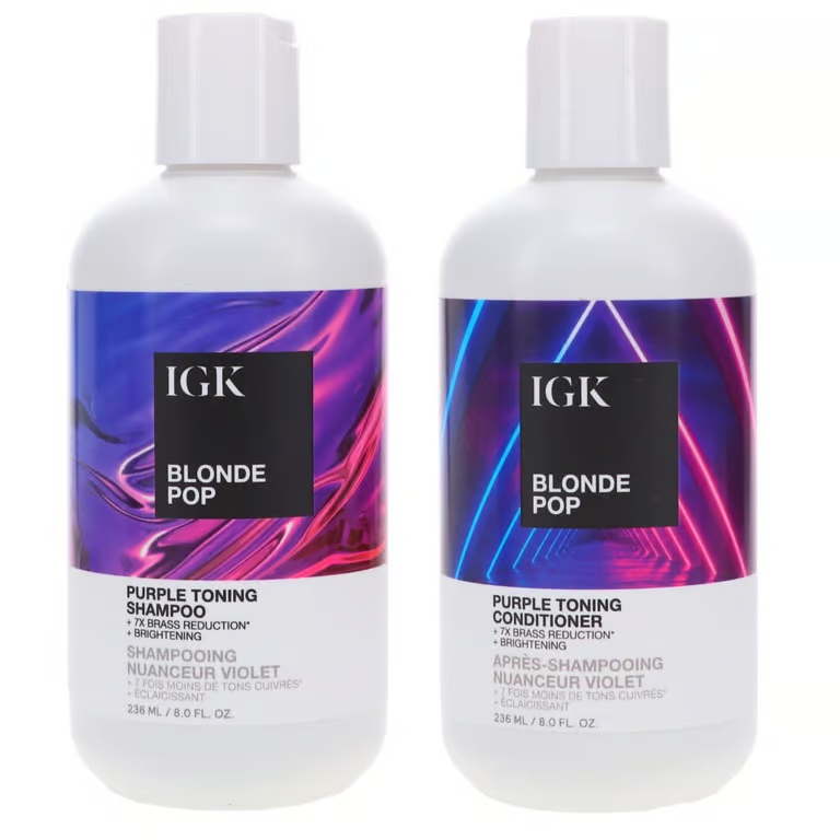 IGK Blonde Pop Purple Toning Shampoo and Conditioner duo, two white bottles with purple labels, 8 fl oz / 236 mL each.