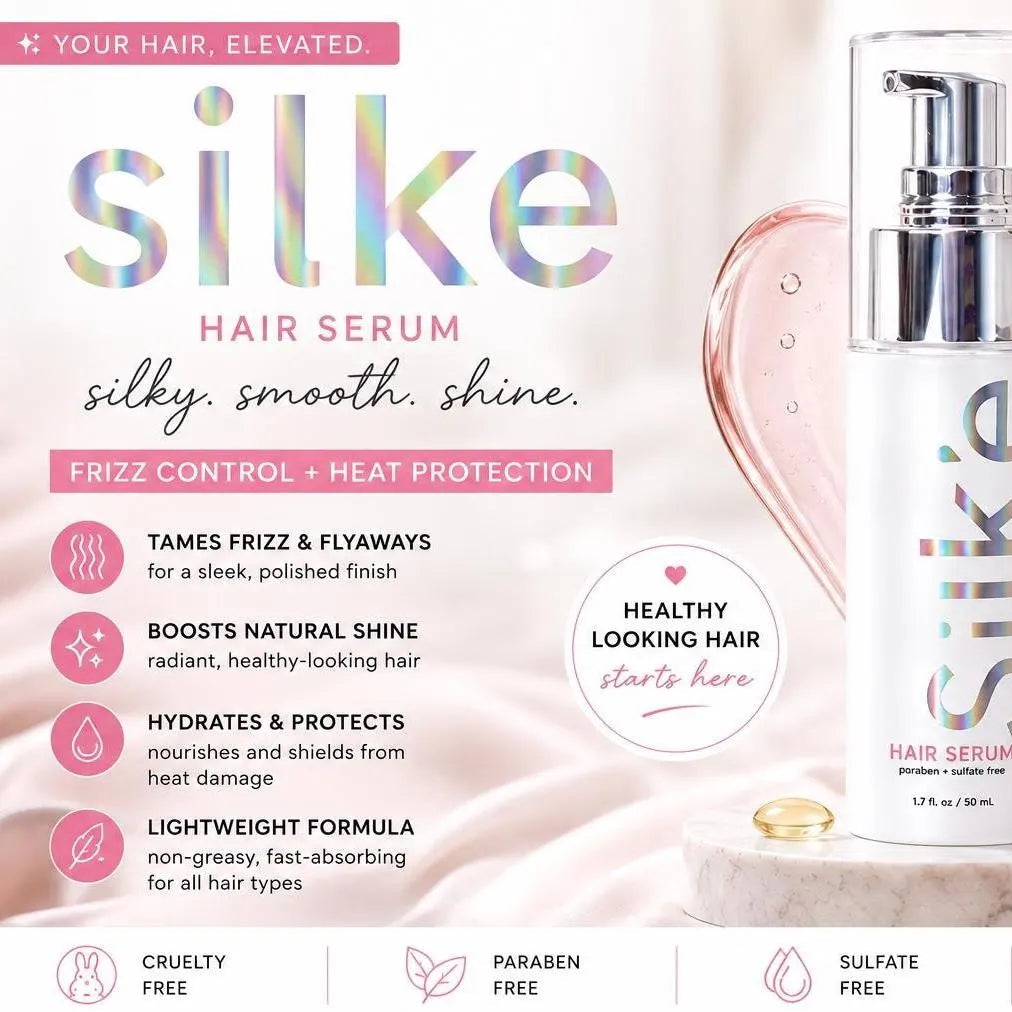 Sleek’e Silk’e hair serum promotional graphic highlighting frizz control, shine and a lightweight finish