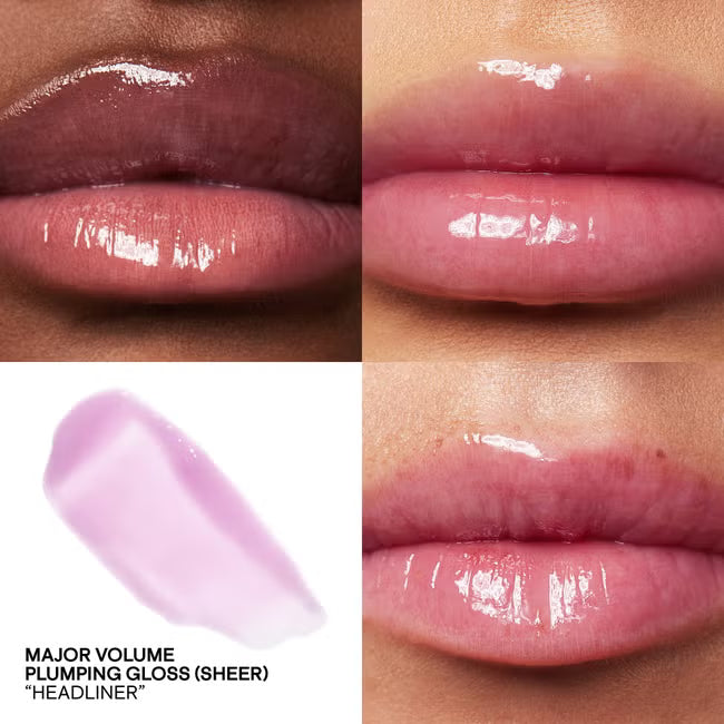 Patrick Ta Headliner sheer lilac plumping gloss swatch on multiple skin tones