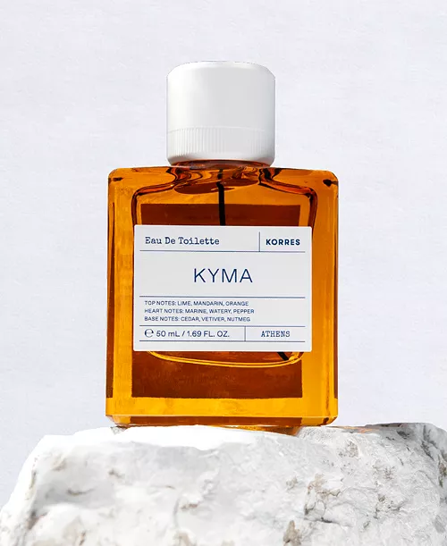KORRES Kyma Eau de Toilette 50 mL amber glass bottle with a white cap on pale stone