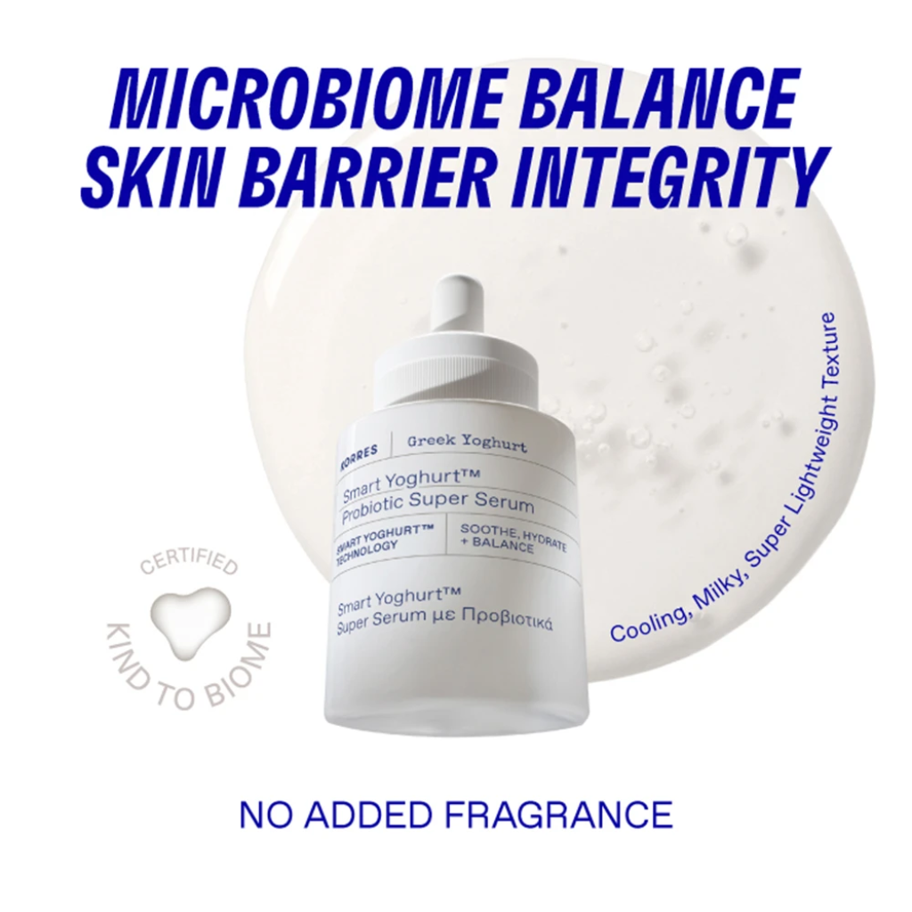 Korres Smart Yoghurt serum promotional card showing microbiome and barrier benefits