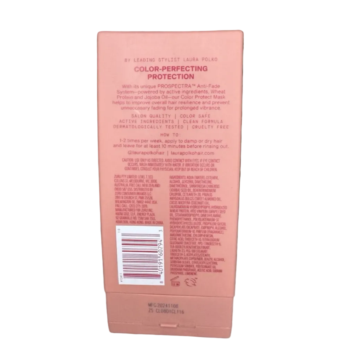 Back of Laura Polko Color Protect Hair Mask showing ingredients, directions, barcode and 12-month after-opening symbol