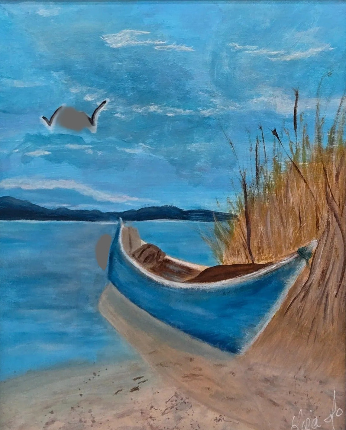 Framed original acrylic painting Beached Blues showing a blue boat beside coastal grasses
