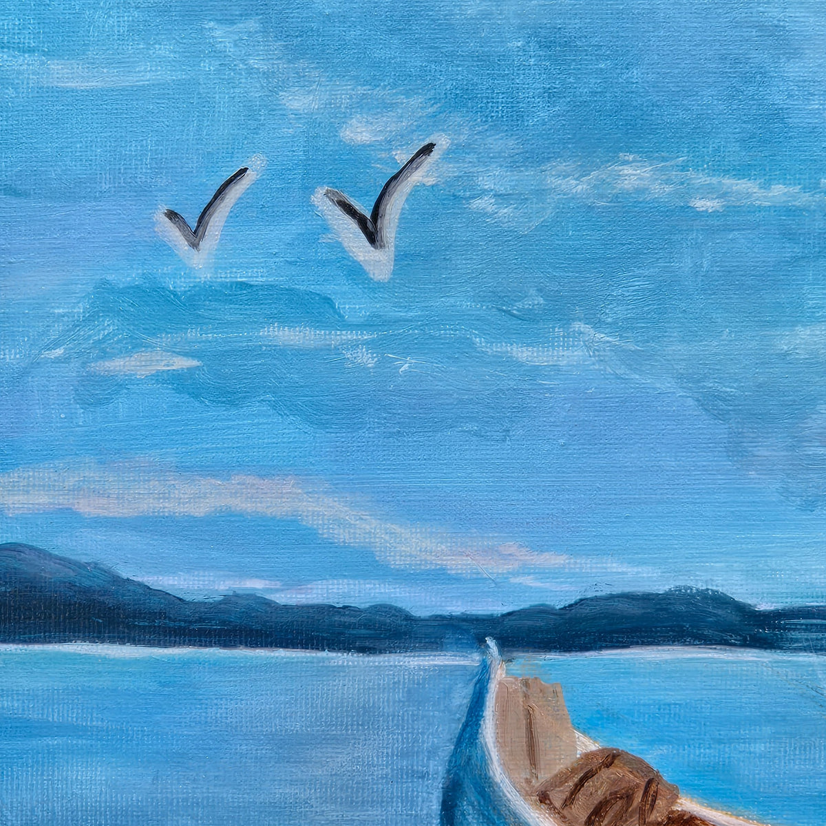Detail of blue sky, distant shoreline, birds, and boat in Beached Blues