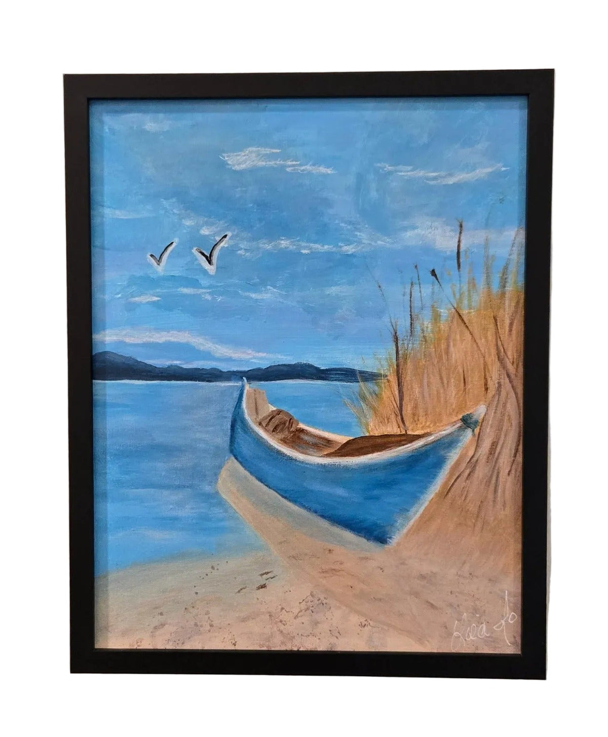 Beached Blues original acrylic painting displayed in its black frame on a wall