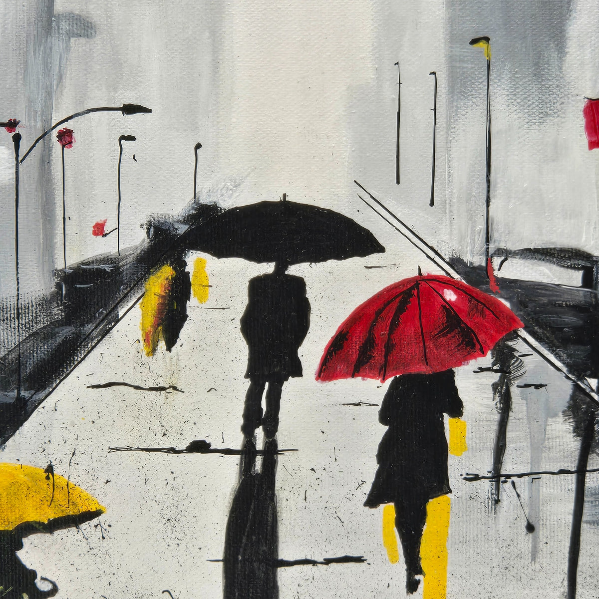 Detail of silhouetted city pedestrians carrying black, red, and yellow umbrellas in City Umbrellas