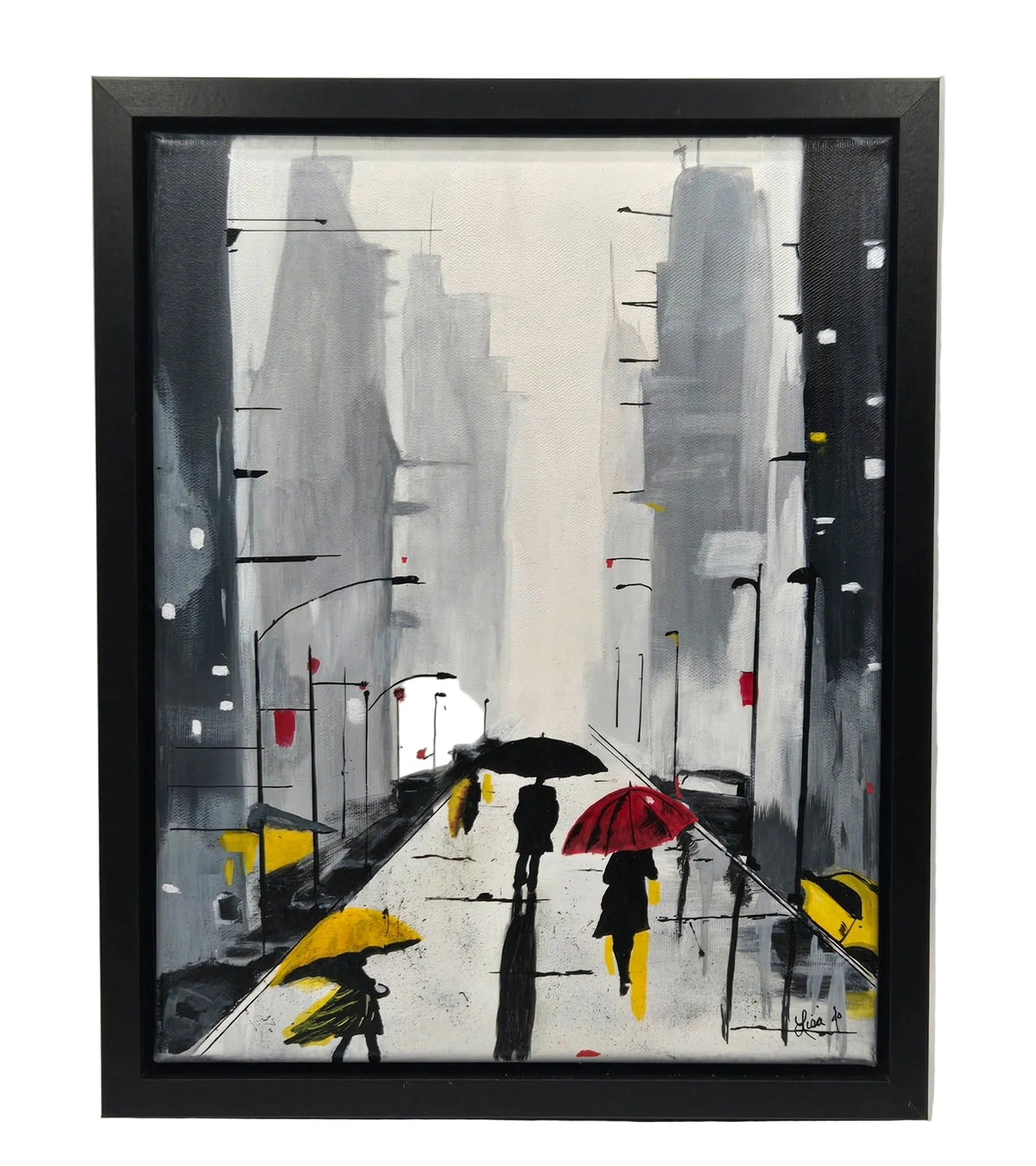 Framed original acrylic painting City Umbrellas showing figures with red, yellow, and black umbrellas on a gray city street