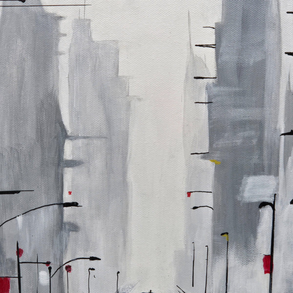 Detail of the layered gray skyline, street lights, and small red and yellow accents in City Umbrellas