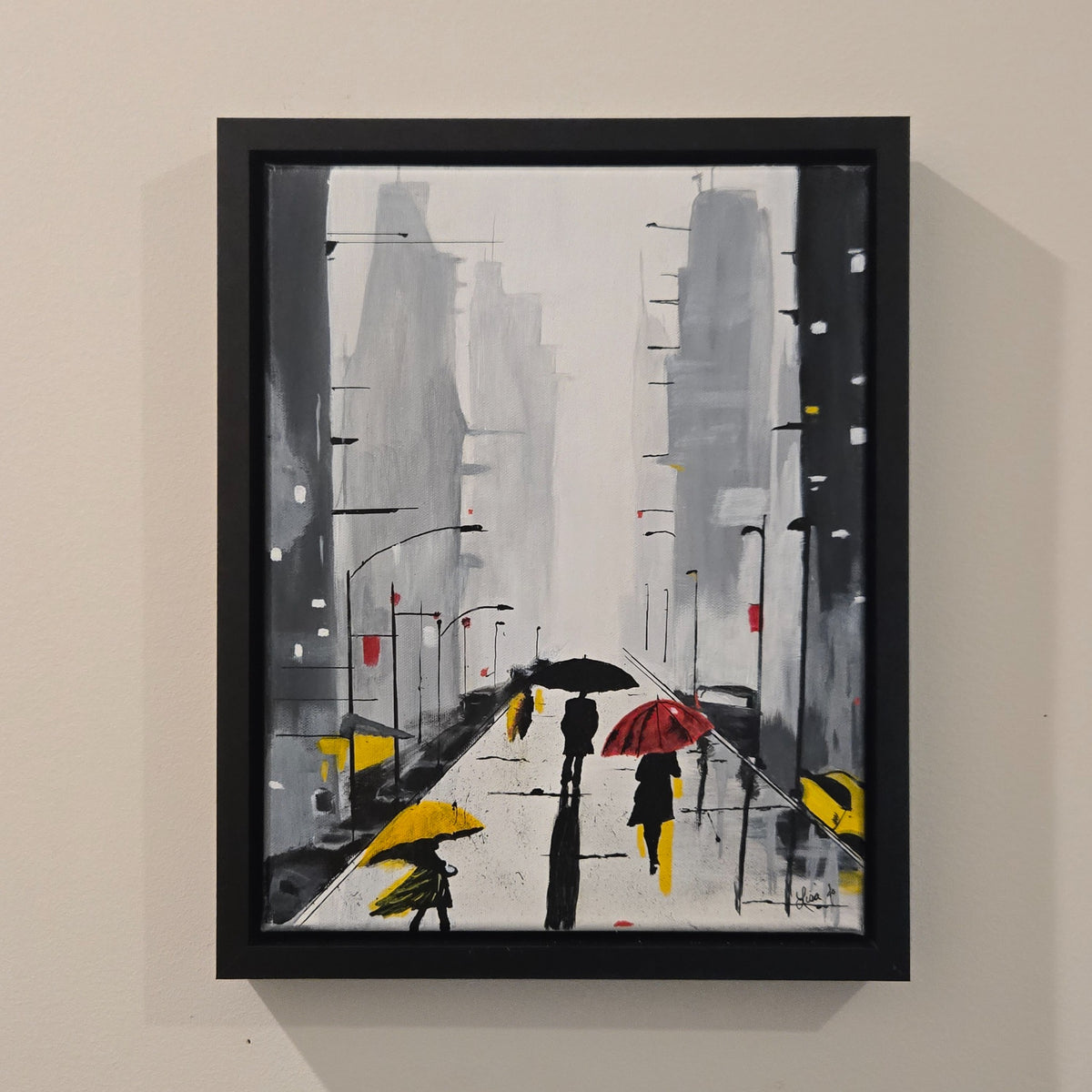 City Umbrellas original acrylic painting displayed in its black frame on a wall
