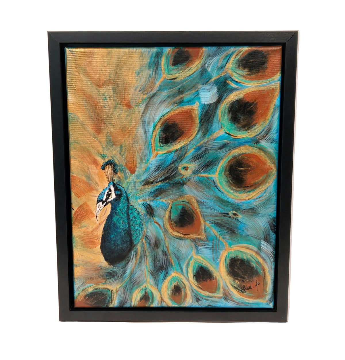 Feathered in Blue original acrylic peacock painting in a black frame, full clean view