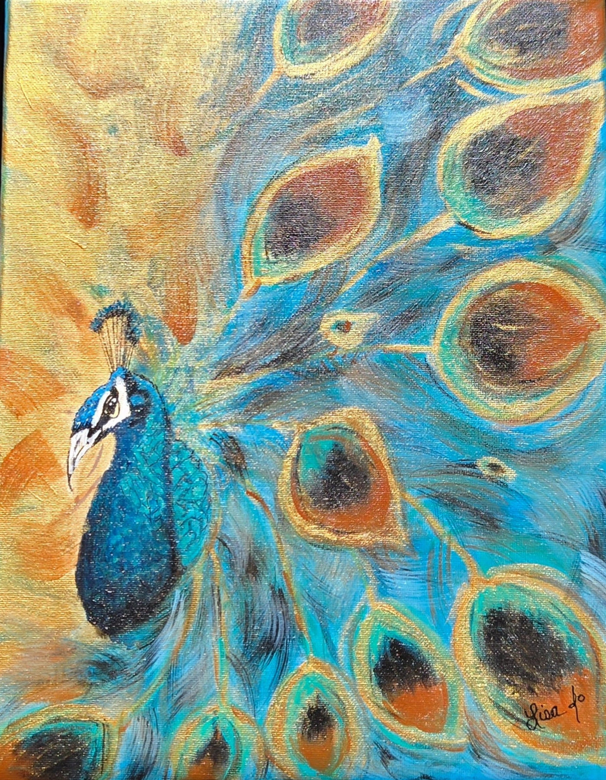 Full close view of the blue peacock, layered tail feathers, and Lisa Jo signature in Feathered in Blue