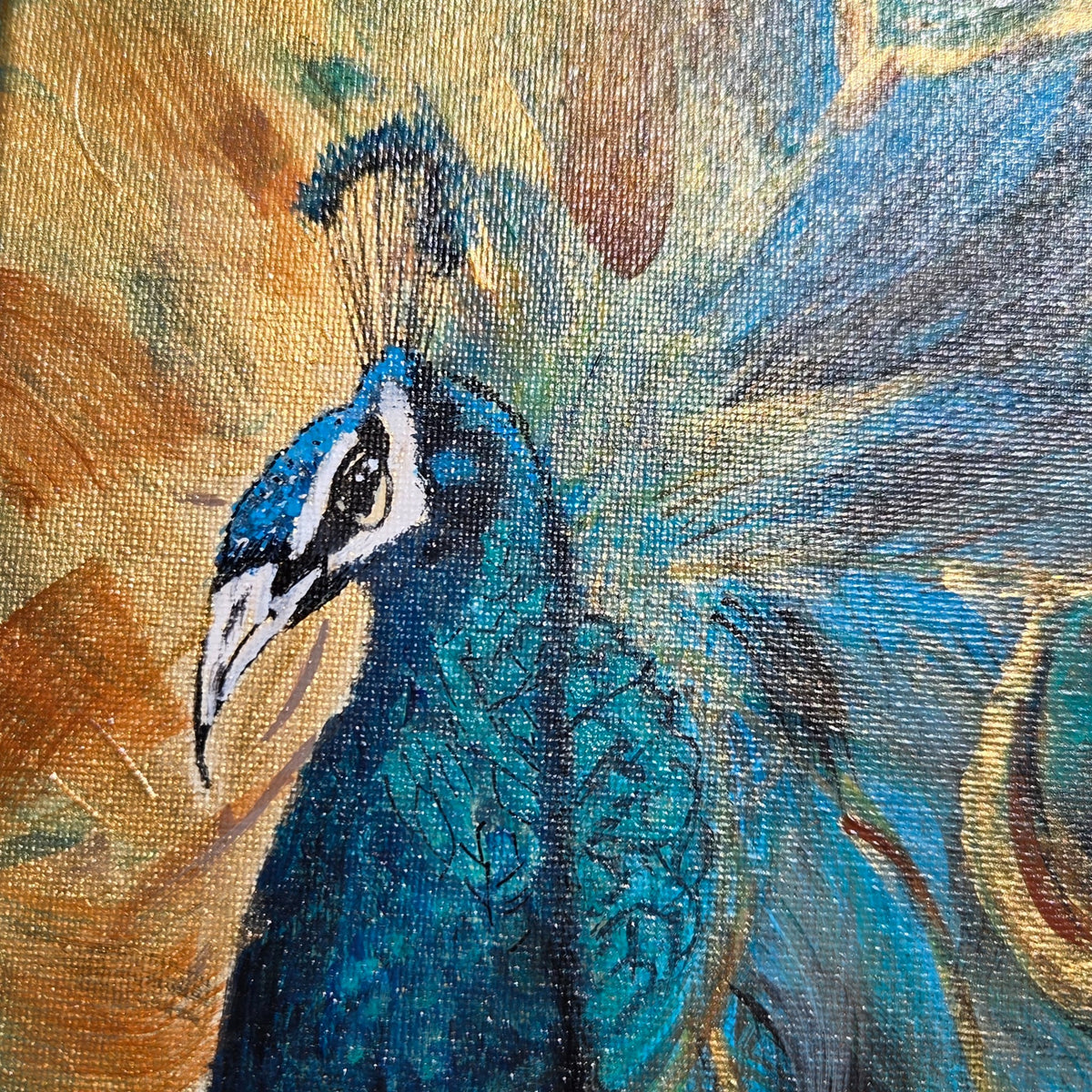 Detail of the peacock head, crest, beak, and layered blue brushwork in Feathered in Blue