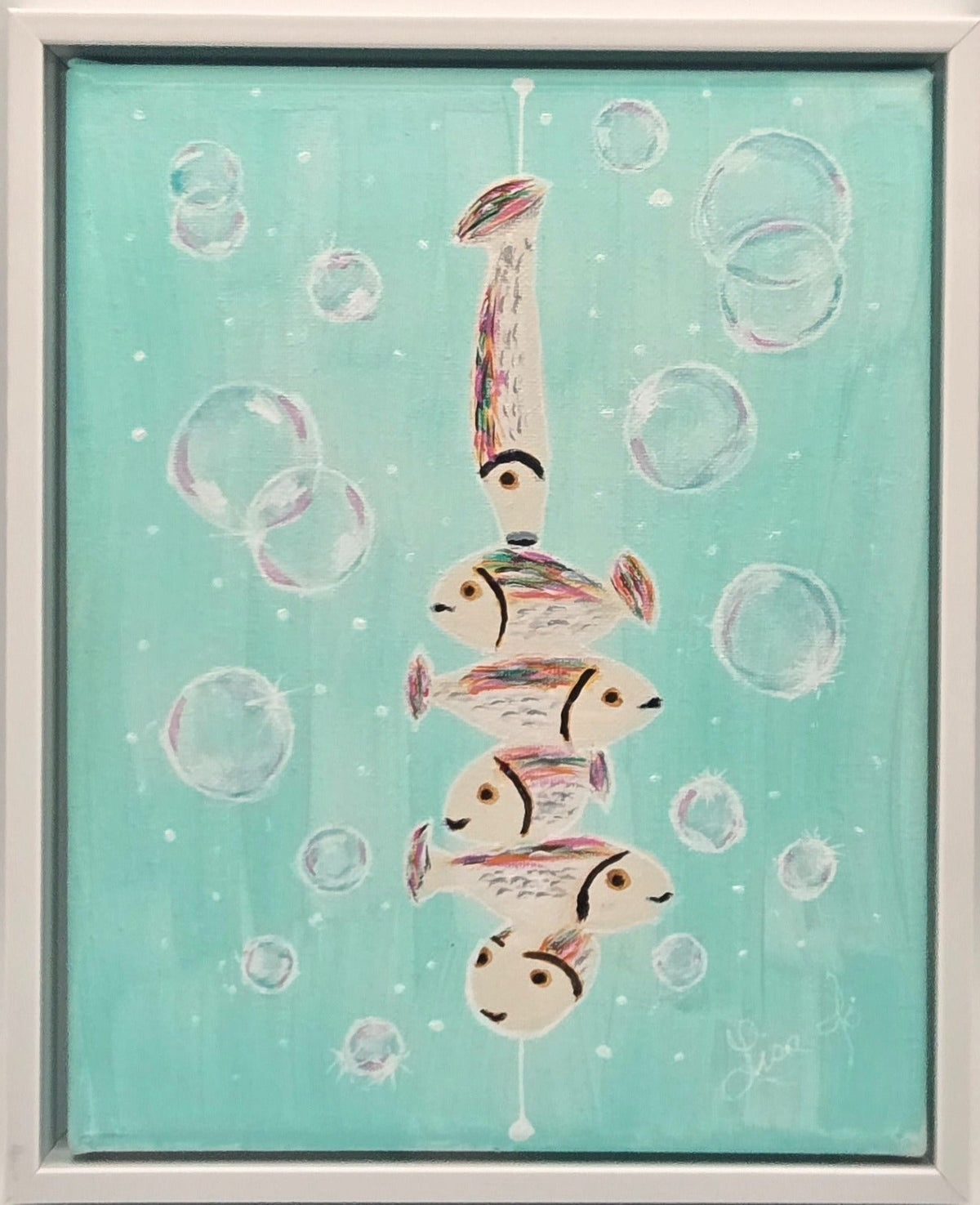 Framed original acrylic painting Fish Fun in Bubbles with six colorful white fish on an aqua background