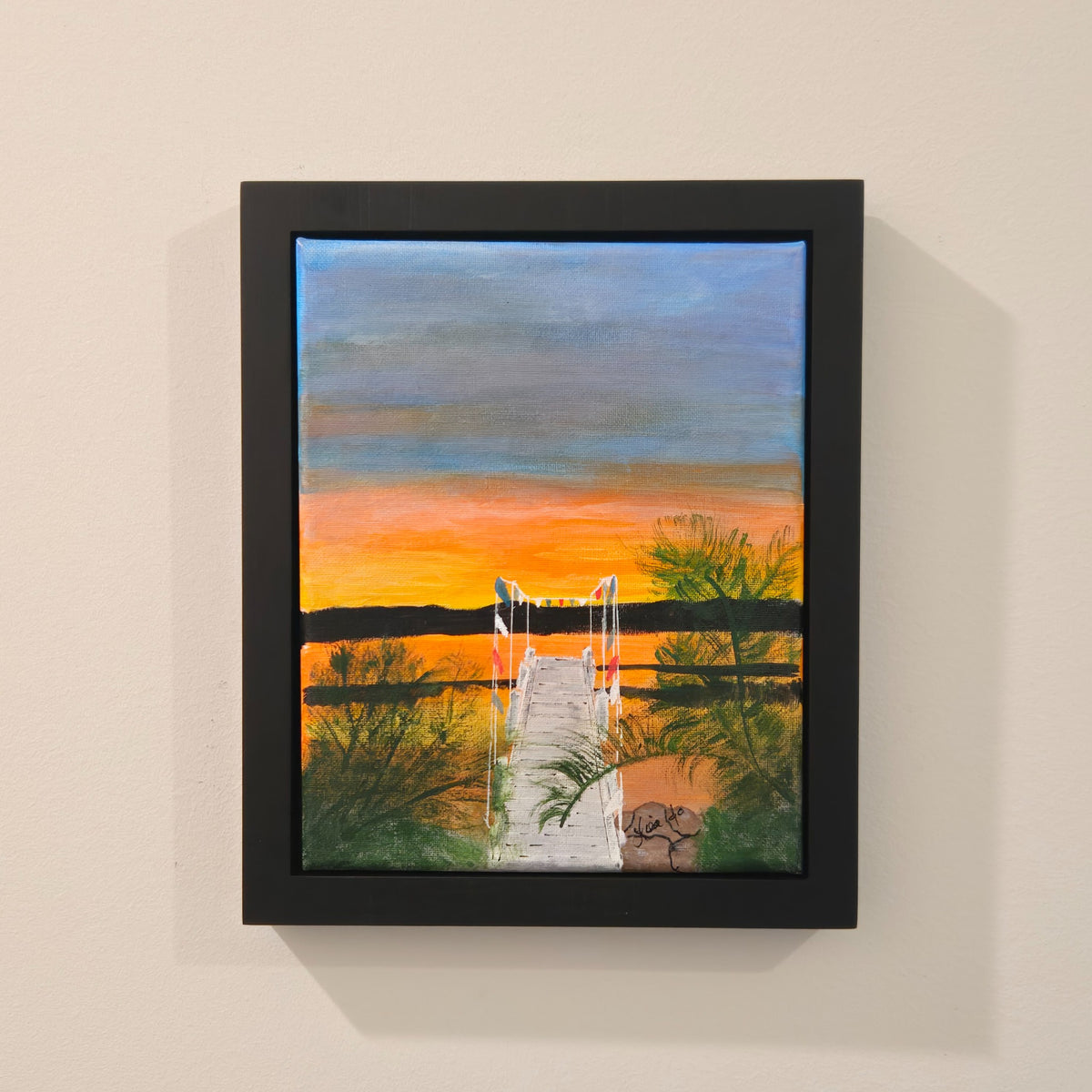 Mars Resort Pier original acrylic painting displayed in its black frame on a wall