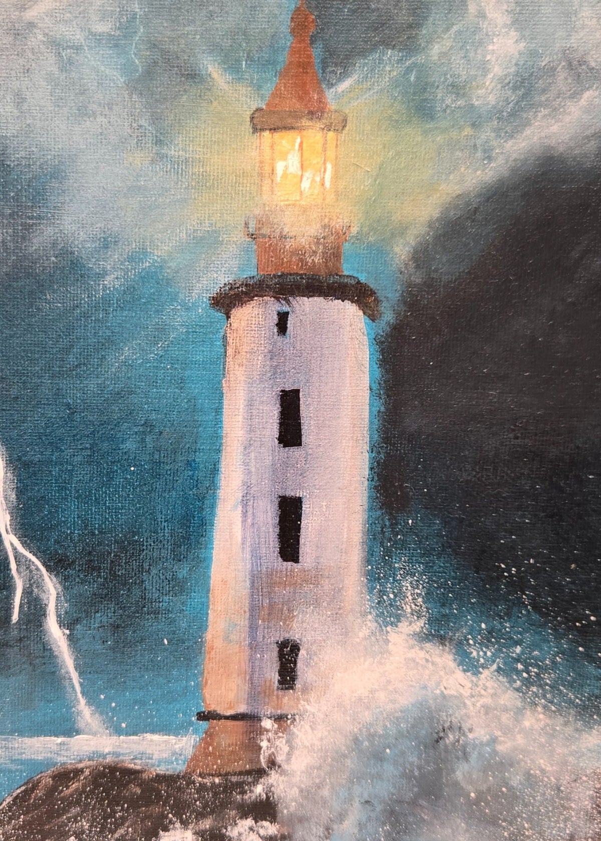 Detail of the glowing lighthouse lantern, lightning, and turbulent blue-gray clouds in Night Light