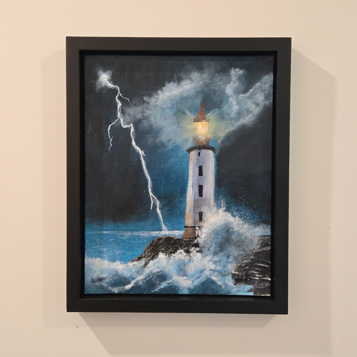 Night Light original acrylic painting displayed in its black frame on a neutral wall