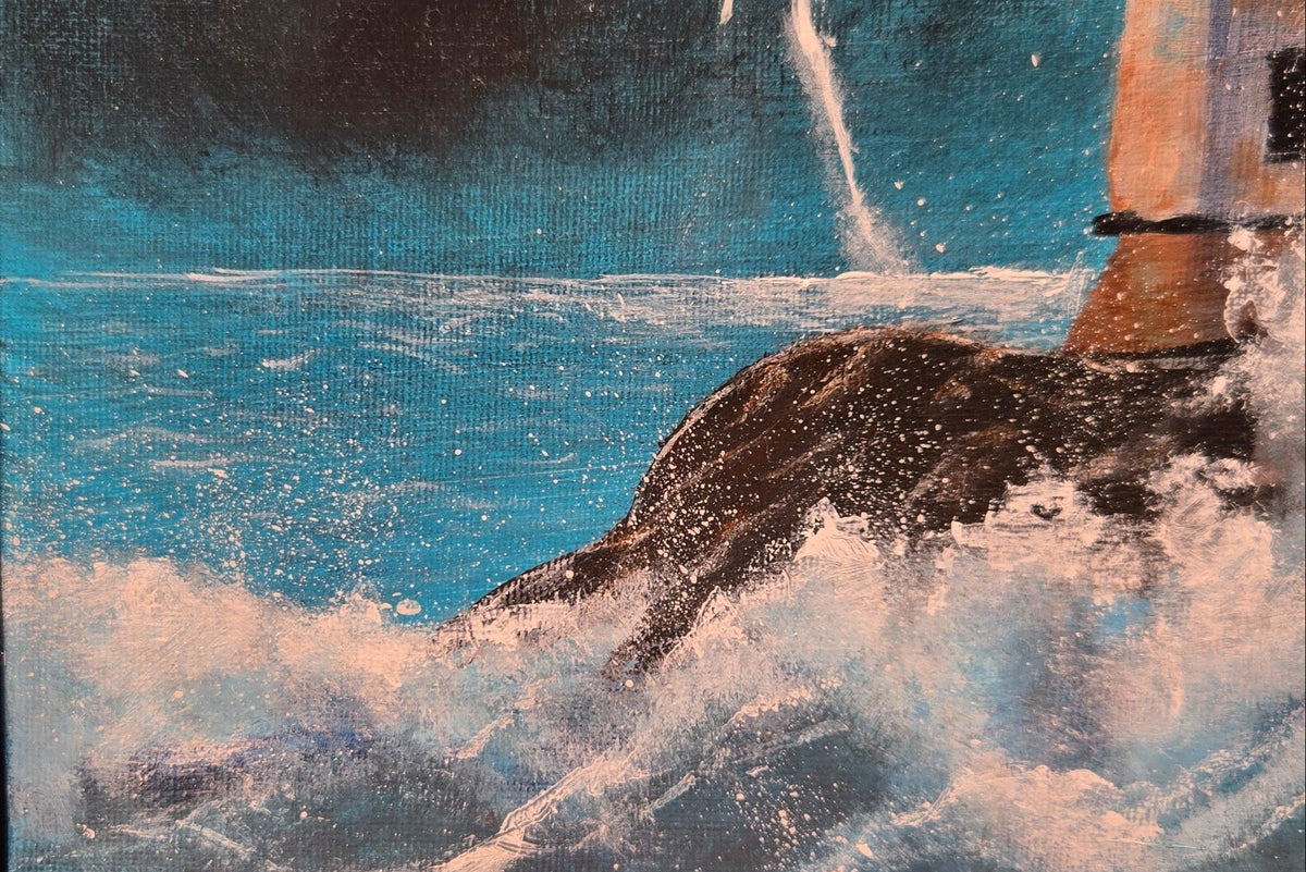 Detail of lightning, dark rocks, crashing waves, and painted spray in Night Light