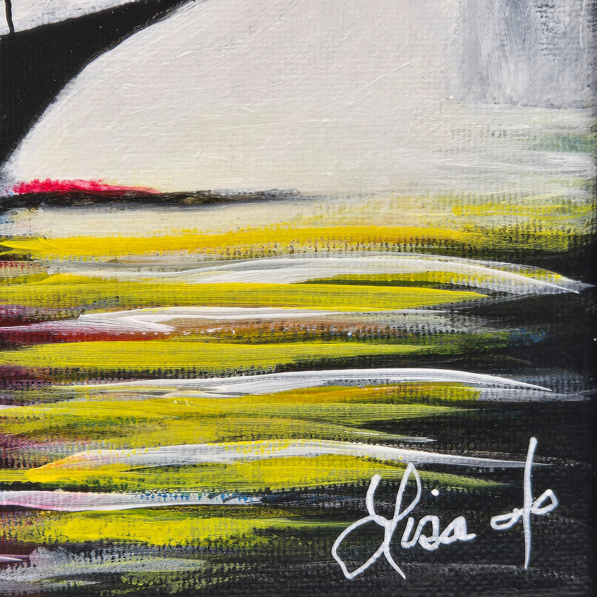 Detail of colorful water reflections, painted texture, and Lisa Jo's signature in Painted Sails
