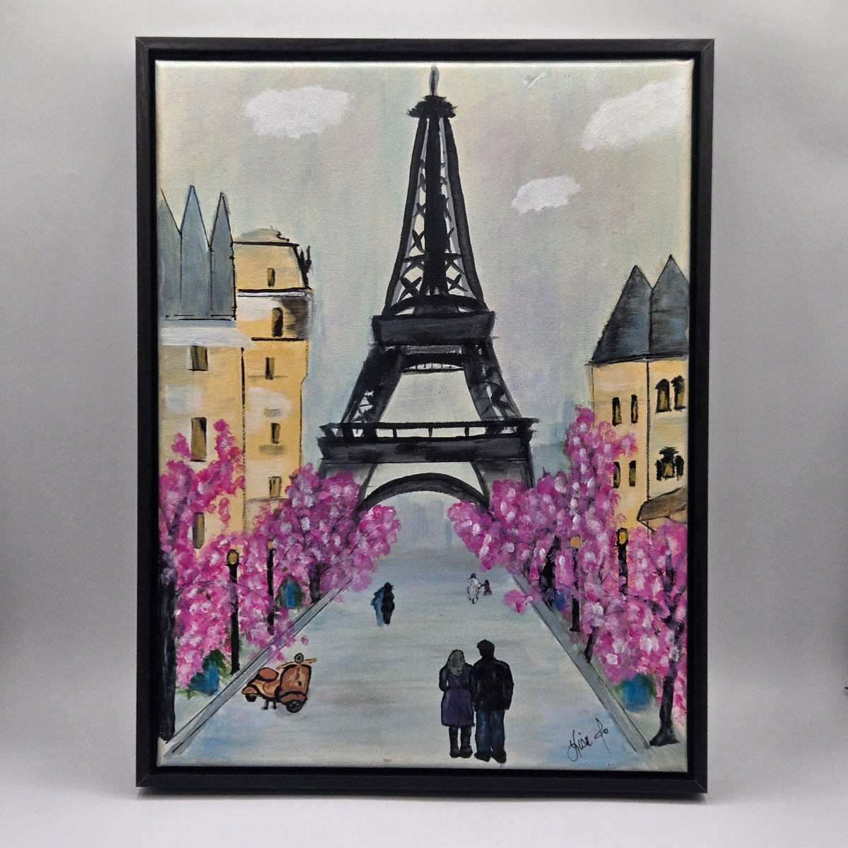 Framed original acrylic painting Paris in Pink showing the Eiffel Tower above a blossom-lined avenue