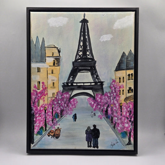 Framed original acrylic painting Paris in Pink showing the Eiffel Tower above a blossom-lined avenue