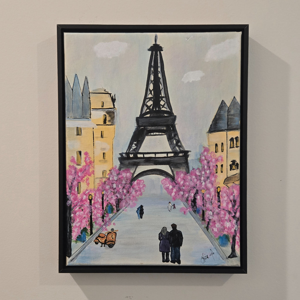 Paris in Pink original acrylic painting displayed in its black frame on a wall