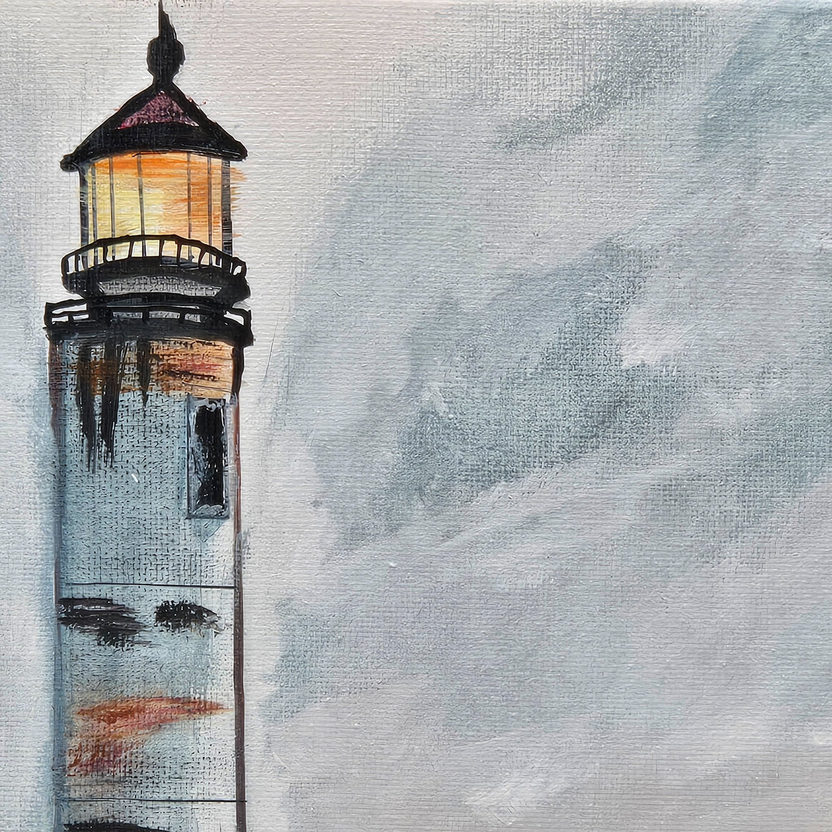 Detail of the glowing lighthouse lantern and textured gray sky in Rocky Shore Beacon