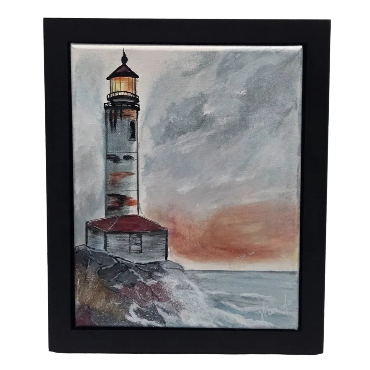 Framed original acrylic painting Rocky Shore Beacon showing a lighthouse above a rocky shoreline and pale blue sea