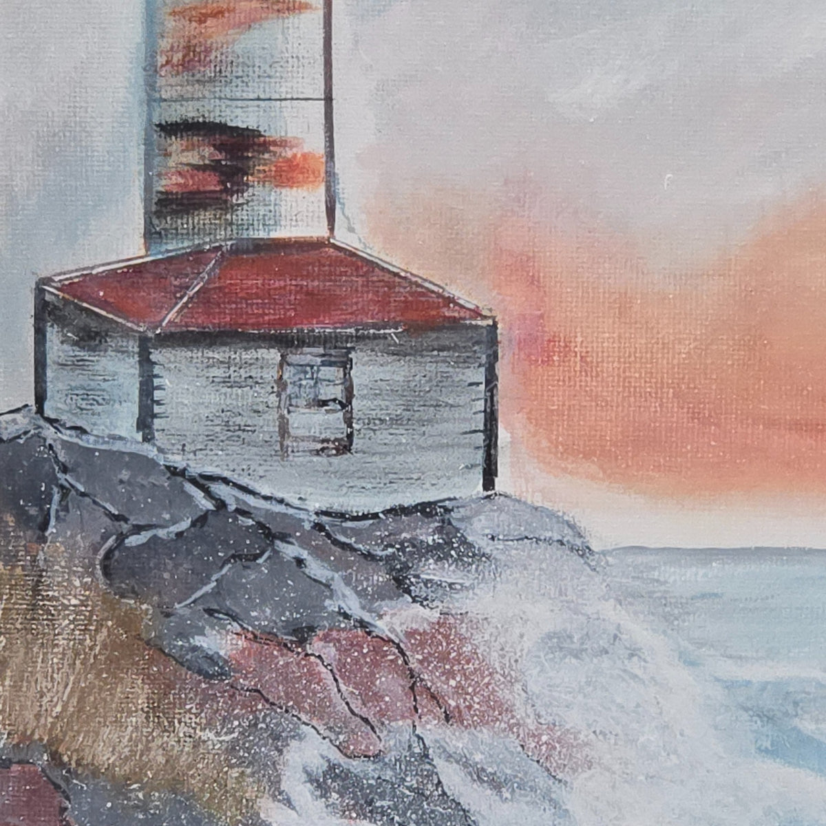 Detail of the lighthouse base, rocky shore, and coral horizon in Rocky Shore Beacon