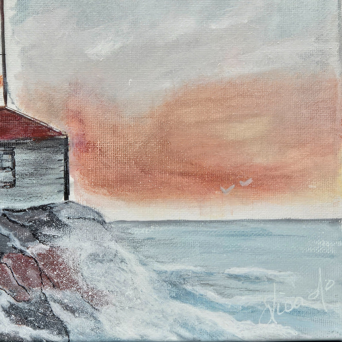 Detail of the surf, pale blue sea, birds, and Lisa Jo's signature in Rocky Shore Beacon
