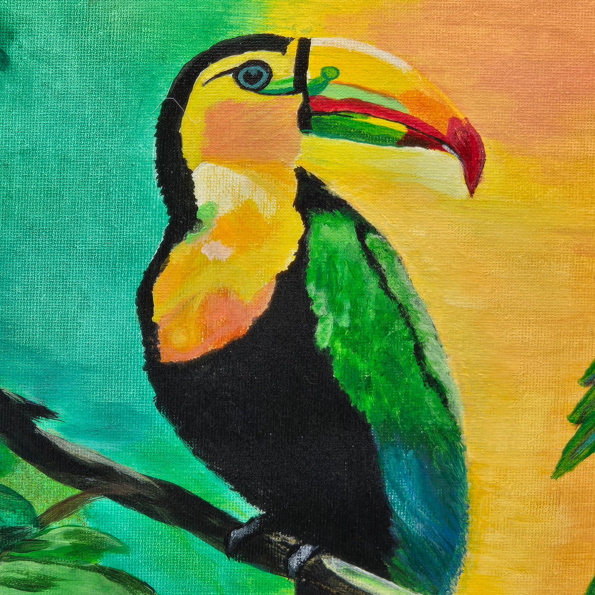 Close detail of the colorful toucan's head and beak in Lisa Jo's original acrylic painting