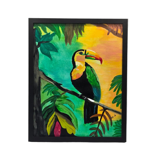 Framed original acrylic painting of a colorful toucan on a branch by Lisa Jo