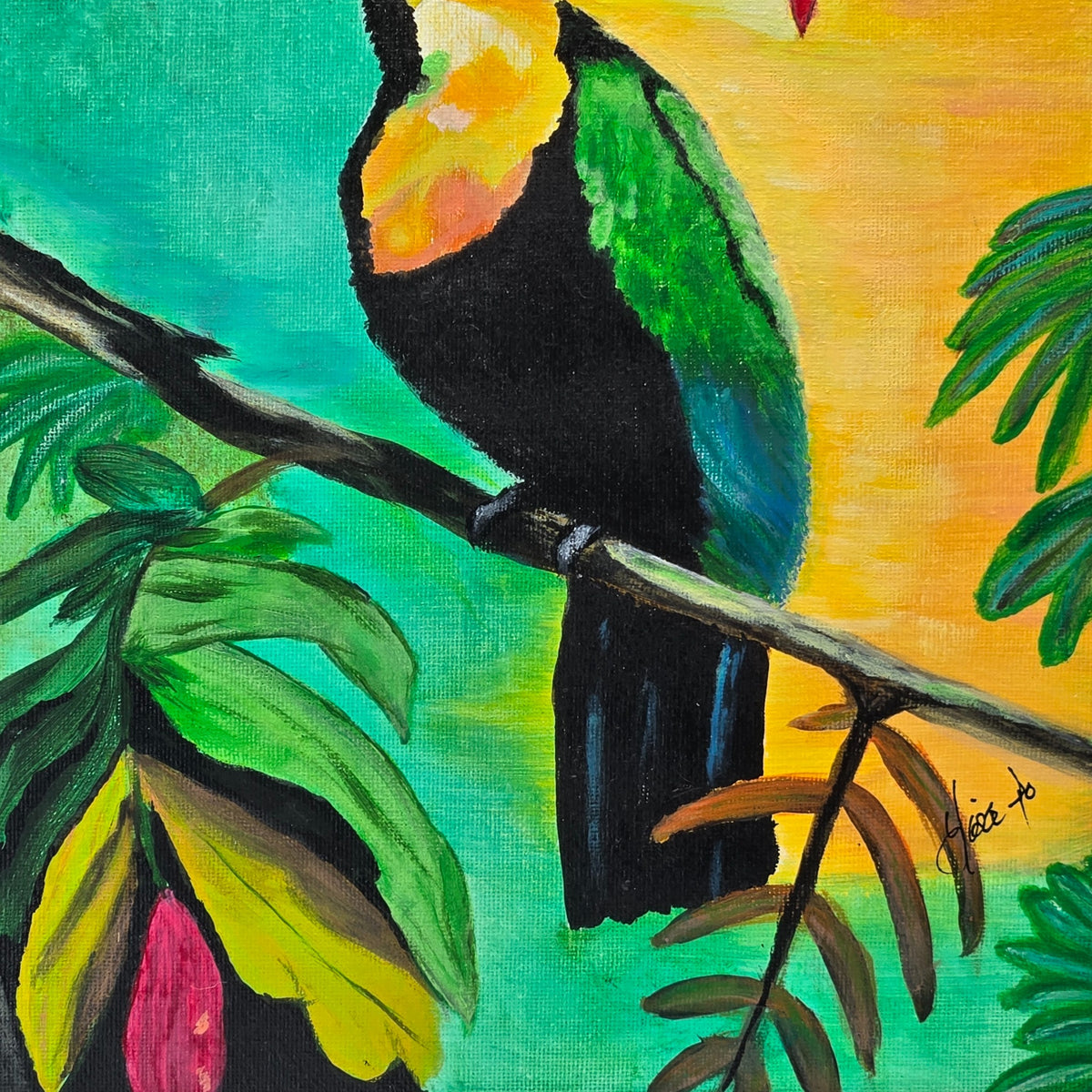 Detail of the toucan, tropical foliage, and Lisa Jo signature in the original acrylic painting