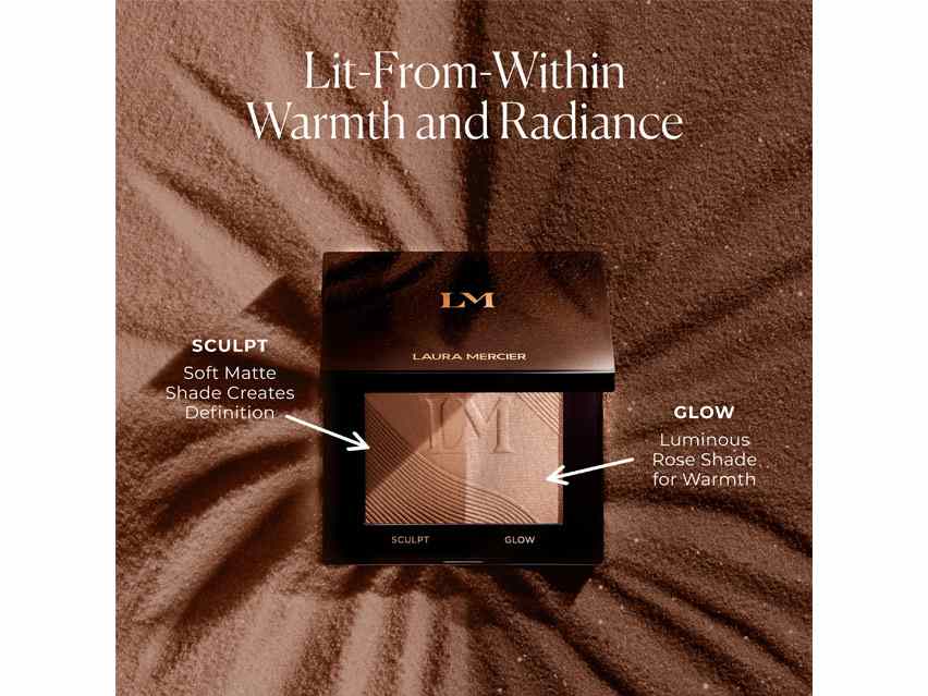 Laura Mercier Sainte-Croix compact on bronze powder showing soft matte Sculpt and luminous rose Glow sides