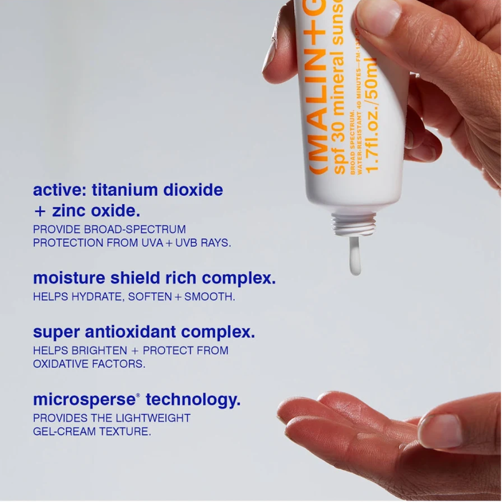 MALIN+GOETZ SPF 30 Mineral Sunscreen active ingredients and formula benefits