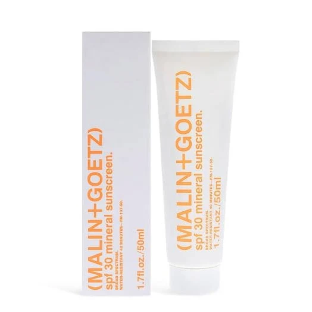 MALIN+GOETZ SPF 30 Mineral Sunscreen tube and carton packaging