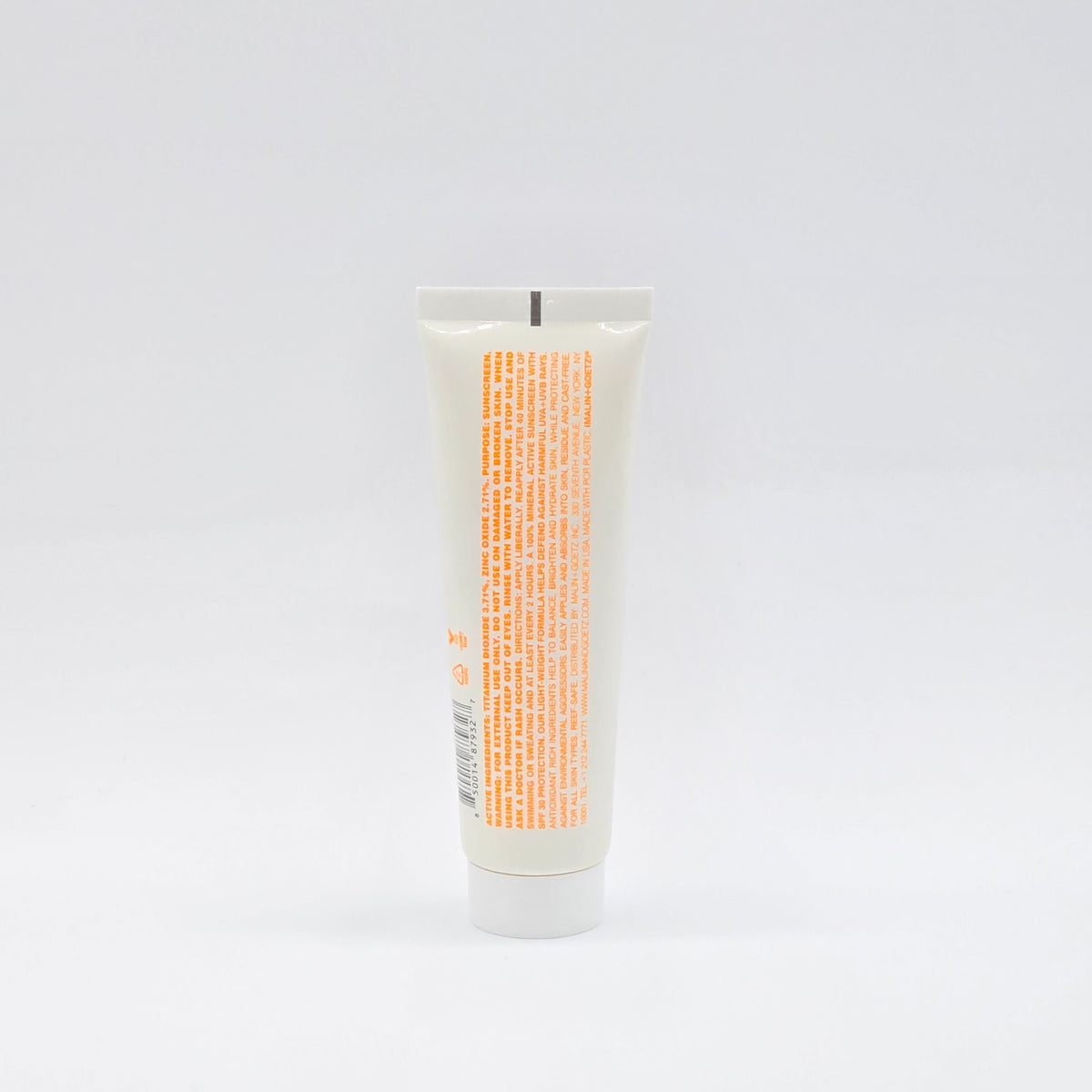 Physical MALIN+GOETZ SPF 30 Mineral Sunscreen back label and UPC 850014879327